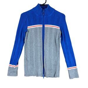 Eddie Bauer Womens Sweater Blue Gray Cardigan Full Zip Colorblock Ribbed M